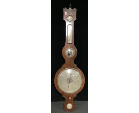 A Post-Regency rosewood wheel barometer, applied with a hygrometer, thermometer and convex butler’s mirror, 110.5cm high, 31c