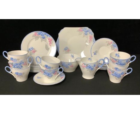 A Shelley Phlox pattern tea service for eight comprising serving plate, milk jug, sugar bowl, seven side plates, eight teacup