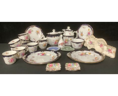 A Royal Crown Derby Posies pattern tea set, cobalt blue borders, printed marks in green, early 20th century; other small Roya