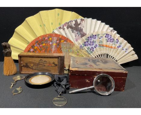 A Black Forest carved bear crumb brush15cm overall; assorted magnifying glasses; a paper fan, other fans; a lacquer box and c