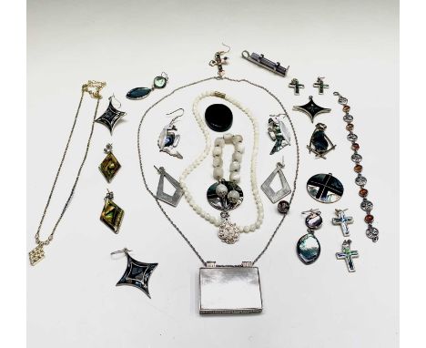 An arts and crafts style silver and stone set bracelet, together with a Chinese gaming counter as a pendant with silver mount