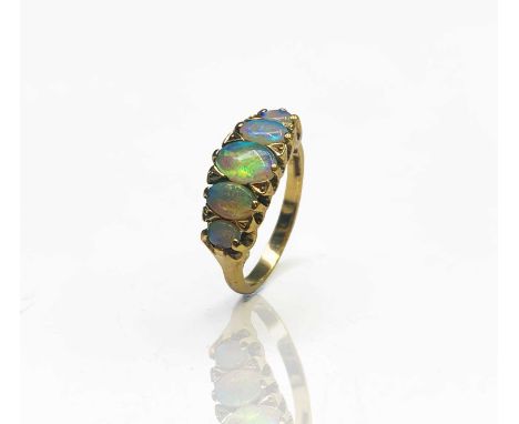 A 9ct gold five stone Victorian style opal ring 3.9gmCondition report: No condition issues, stones and settings very secure. 