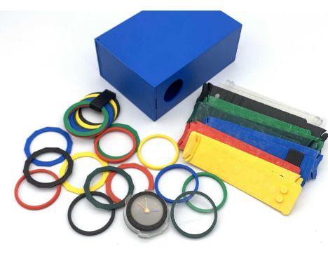 'Click-clock' Verner Panton watch Red, green, yellow, blue, black and clear rubber and plastic building block components and 