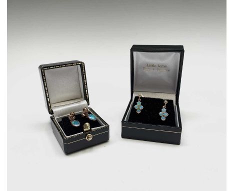 Two pairs of opal earrings set in gold 3.2gmCondition report: No condition issues, would benefit from a clean, settings secur