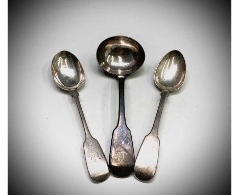 A silver fiddle pattern sauce ladle and two silver fiddle pattern spoons 4.6oz