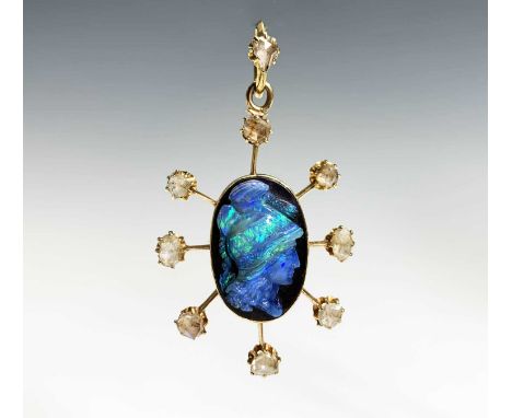 An opal cameo pendant in the manner ofWilhelm SchmidtCarved with a helmeted female head, set in gold with eight rose-cut abou