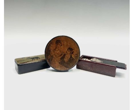 A set of bone miniature dominoes (two are card replacements) a Stobwasser type snuff box, the lid shows a couple with the ins