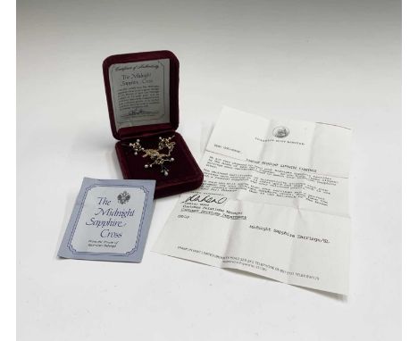 An Igor Faberge 14ct gold and enamel cross set with sapphires diamonds and pearls on gold chain and with matching earrings 7.