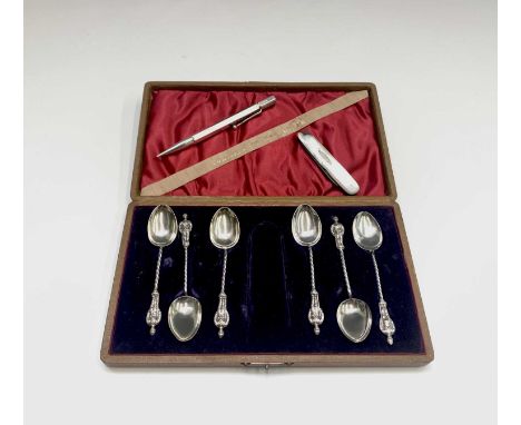 A set of six "Soldiers of the Queen" silver spoons, a silver bladed fruit knife and a silver propelling pencilCondition repor