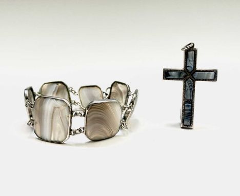 A silver bracelet with 7 panels of grey/white banded agate and a similar cross 30gmCondition report: The agate panels are all