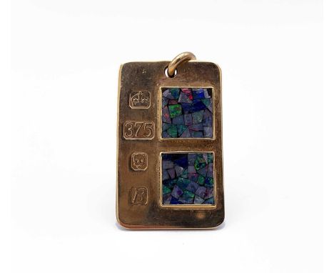 A 9ct gold ingot pendant mounted with two opal mosaic panels19.5gm