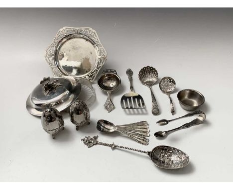 A set of six silver coffee spoons and a pair silver sugar tongs 2.8oz together with a Dutch silver spoon and some epns