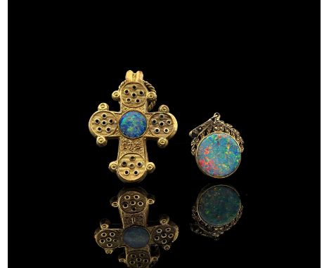 A French gilt opal set pendant and an opal set cross pendant 40mm 9.6gm