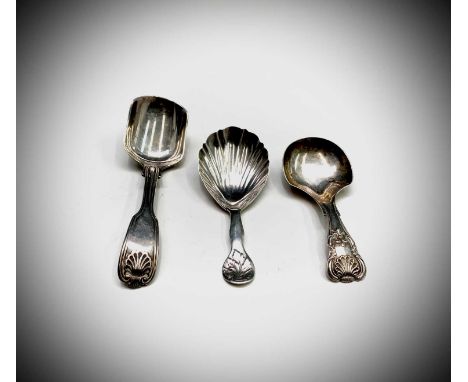 Three Victorian silver caddy spoons:Henry Ellis &amp; Son, Exeter 1851 0.37ozGeorge Unite, Birmingham 1839, 0.36ozChawner &am