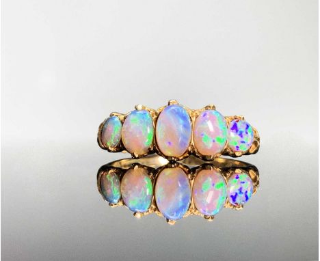 A 9ct gold five stone Victorian style opal ring 2.1gmCondition report: Size L-L1/2Settings secure and stones good, it would b