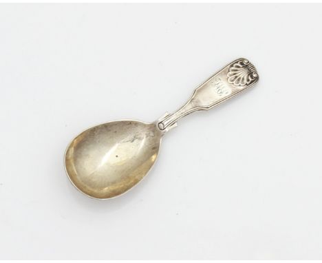 An antique Victorian Sterling Silver tea caddy spoon by Henry Holland, London 1859. In fiddle, thread and shell pattern. Leng