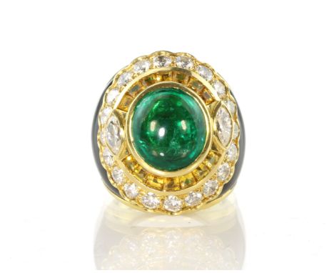 SABBADINI - A Colombian emerald, yellow sapphire and diamond dress ring by Sabbadini in 18ct yellow gold the large oval caboc