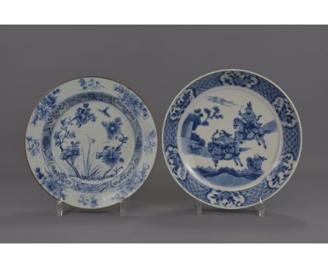 Two Chinese 18th century porcelain plates one with hunting scene. 22-23cm diameter