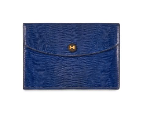 HERMÈS VINTAGE BLUE RIO LIZARD CLUTCH BAGCondition grade C+.24cm long, 16cm high. Blue toned lizard clutch bag with gold tone