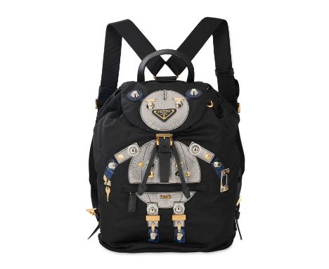 PRADA NYLON ROBOT BACKPACKCondition grade A.30cm long, 40cm high. Black nylon backpack with gold toned hardware, drawstring a