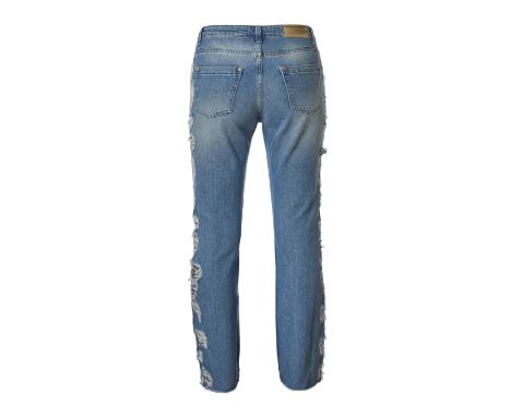 BLUMARINE LACE RIPPED JEANSCondition grade B-.Size Italian 40. 70cm waist, 100cm length. Light wash denim jeans with lace tri