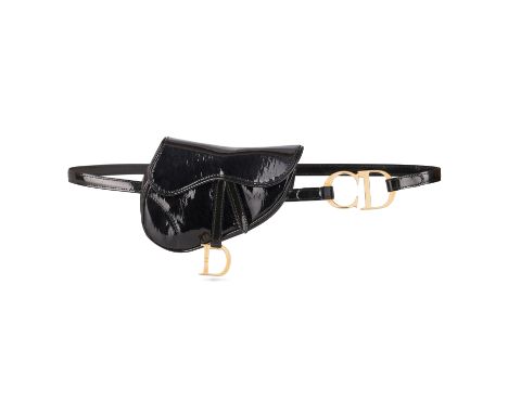 CHRISTIAN DIOR VINTAGE SADDLE BUM BAGCondition grade B-.15cm long, 13cm high. Black patent leather with gold toned ‘CD’ logo 
