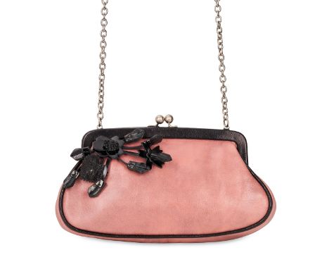 PRADA VINTAGE PINK AND BLACK FLOWER BAGCondition grade B.18cm long, 10cm high. 45cm chain strap drop. Pink leather bag with b