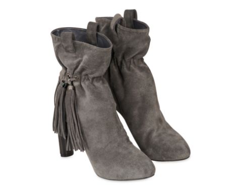 CELINE GREY TASSEL ANKLE BOOTSCondition grade B. Size 36.5. Heel height 10cm. Grey toned suede ankle boots with tassel detail