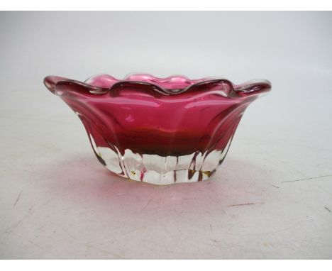 Vintage heavy Czech art glass pink/amber Josef Hospodka vase, L9 x W7 inch. 