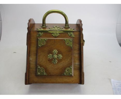 Vintage walnut and brass coal scuttle with liner. 