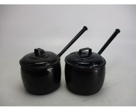 Pair of vintage  ""Judge Brand"" 6 pint enamelled pans with lids. 