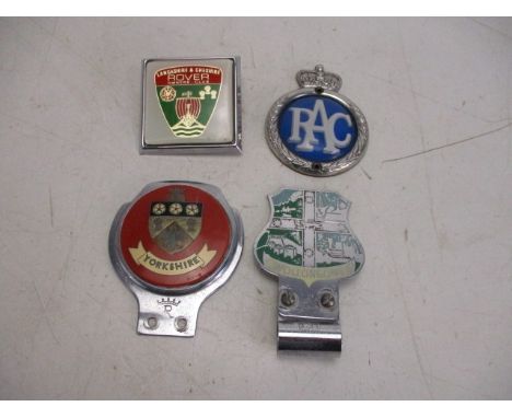 Selection of vintage car badges to include Yorkshire, Lancashire &amp; Cheshire Rover RAC etc. 