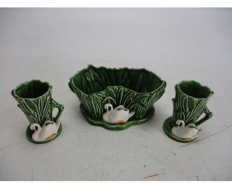 Trio of sylvac swan detailed vases/planter. 