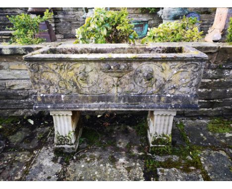 Trough/planter: A pair of composition stone rectangular troughs on stands, 80cm high by 118cm long   Provenance: From a priva