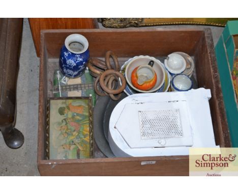 A box containing blue and white Chinese vase, Quimper and other china; an oval pewter tray; a painted clock case; and adverti