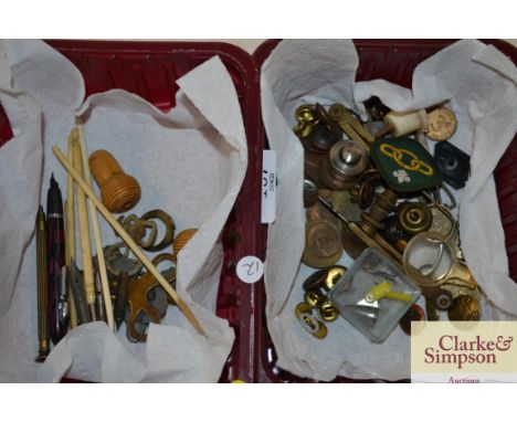 Two trays containing Victorian and later coinage, buttons, ivory items, clock keys etc.