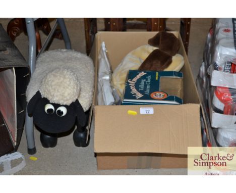 A box containing various vintage Wallace and Gromit items  to include 1995 talking alarm clock, 1989 Shaun The Sheep footstoo