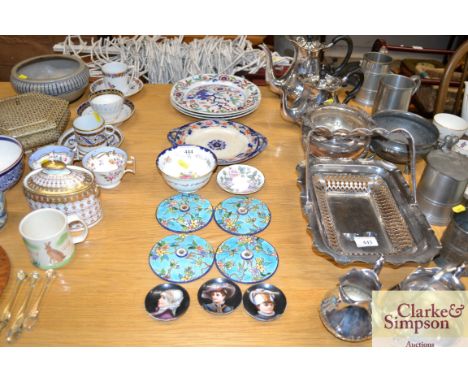 Three antique Spode plates; a floral and gilt decorated stand; three miniature plates with portrait decoration and other deco