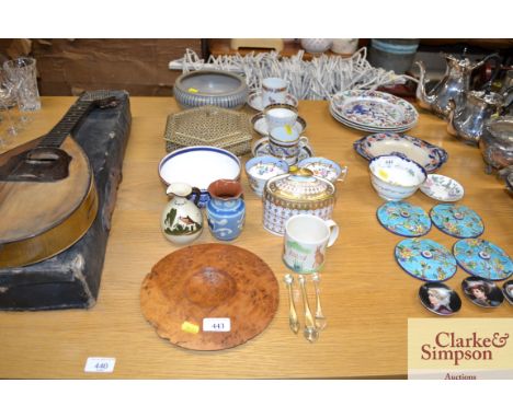 A 19th Century Minton sucrier and cover  AF; an antique blue, white and gilt decorated bowl and saucer; various other antique