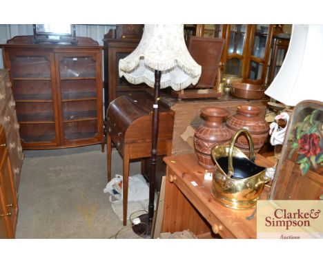 A turned wooden standard lamp and shade 