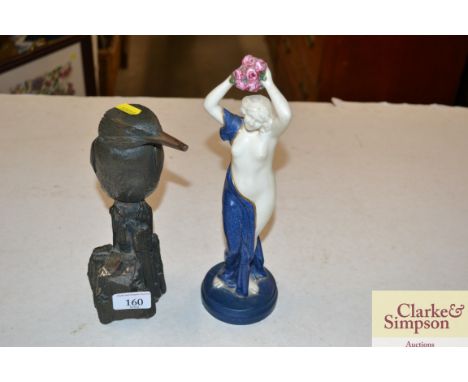 A bronzed sculpture of a kingfisher signed Dulk AF; and a Royal Worcester figurine (extensively damaged and repaired)