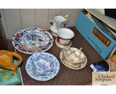 Four various Ironstone pattern plates; a pair of Meissen Onion pattern saucers dishes; a blue and white pickle dish; a 19th C