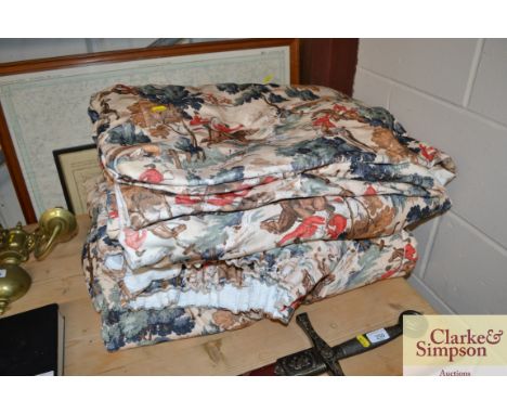 A pair of large heavy interlined curtains in the Linwood Tally Ho pattern, 105" wide x 80" drop