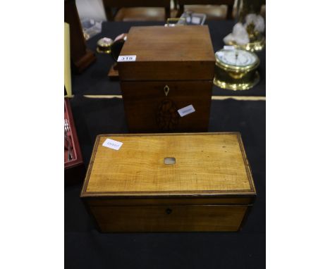 Fruit wood tea caddy (base partially absent) with a twin handled inlaid four division tea caddy, height of tallest 27cm. Not 