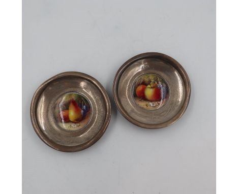 Two signed Royal Worcester small plates mounted in hallmarked silver, 10cm D. UK P&amp;P Group 1 (£16+VAT for the first lot a