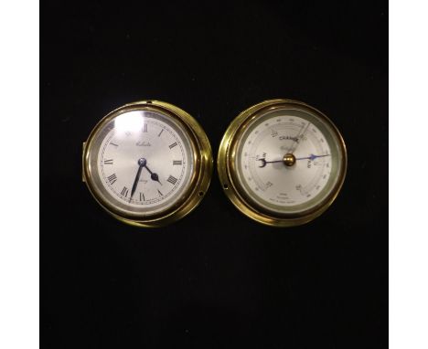 Smiths Clocks &amp; Watches, small brass 8 day clock and barometer, D: 8cm. UK P&amp;P Group 2 (£20+VAT for the first lot and