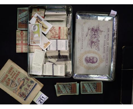 Collection of vintage cigarette cards with a Royal Commemorative cigarette card album, contained in a vintage tin, UK P&amp;P