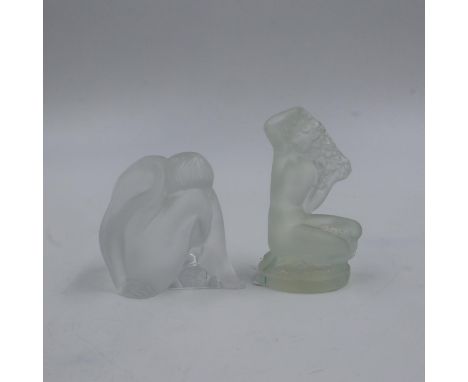 Two Lalique nudes, one opalescent, largest H: 9cm. Both are in good order with no issues noted, both marked Lalique R France.