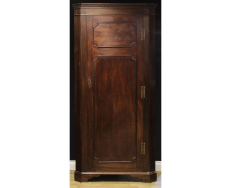 A 19th century mahogany floor-standing splay-fronted corner cupboard, dentil cornice, full length door applied with reentrant