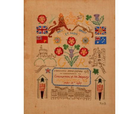 A 20th century needlework sampler, for the Coronation of George VI, embroidered with the G R cipher, Royal crest, flower of t